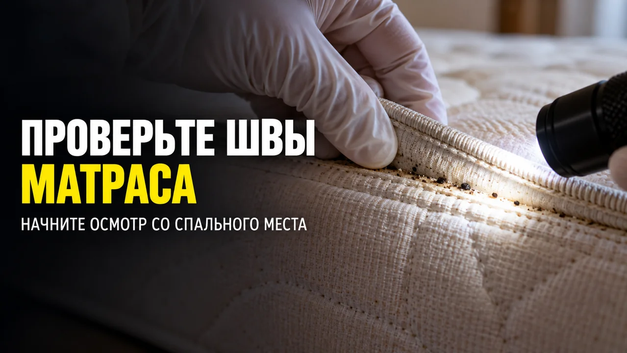 Осмотр шва матраса с фонариком; надпись «Проверьте швы матраса»